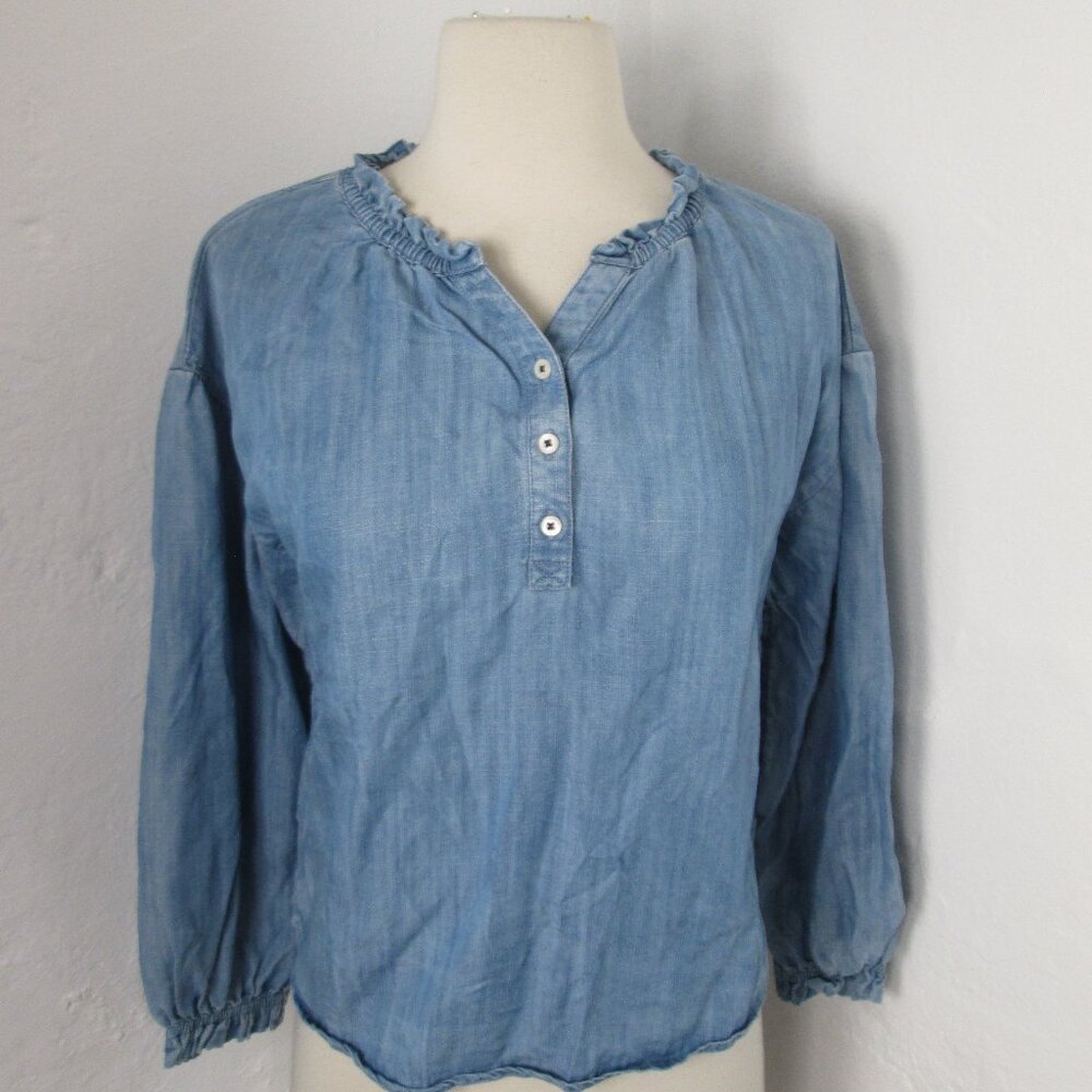 Vineyard Vines Blouse Top Chambray Denim Ruffled Neck Women's Size XL